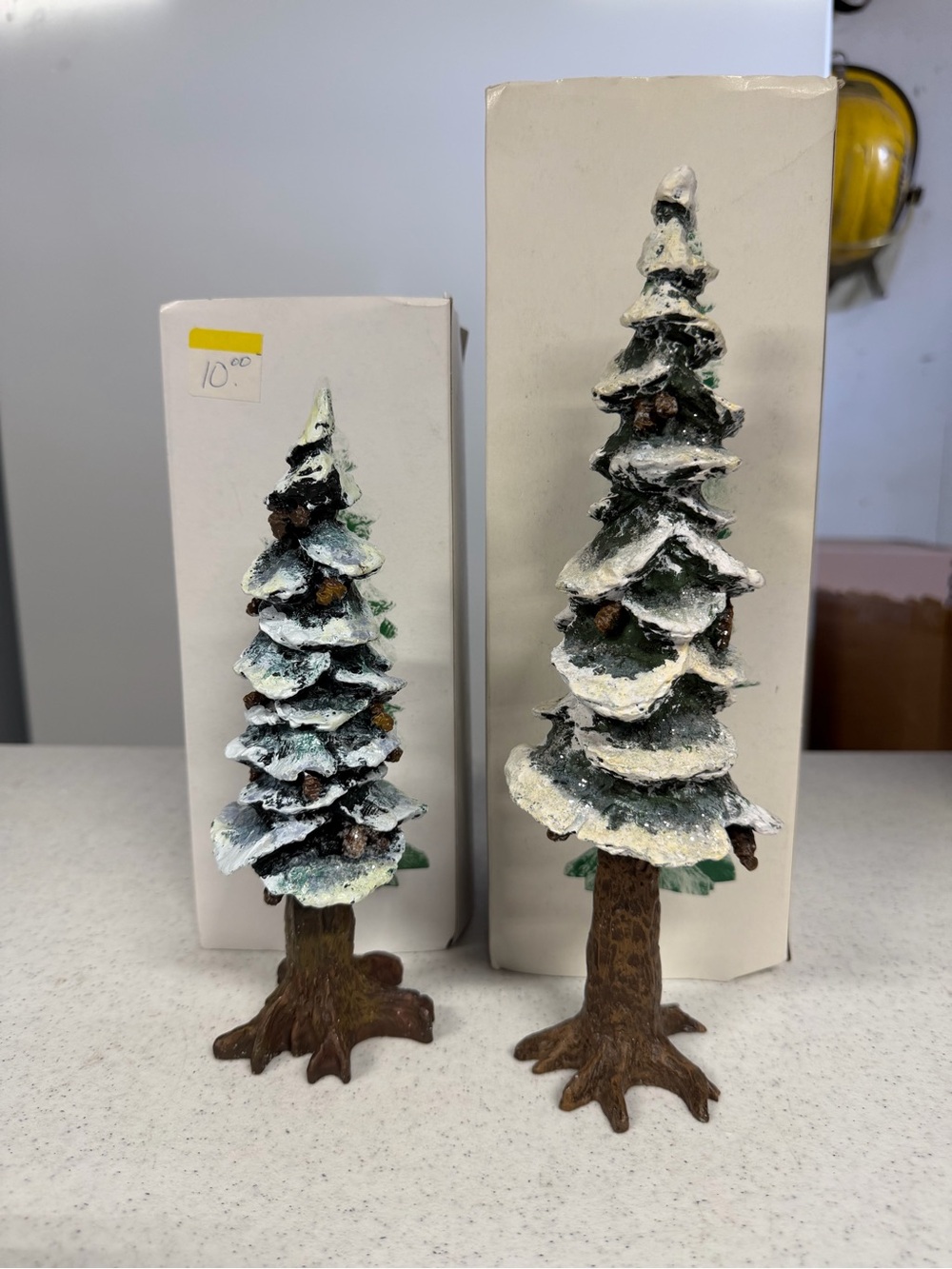 VINTAGE Department 56 - 10.5” 8” Village Pole Pine Trees Cold Cast Porcelain